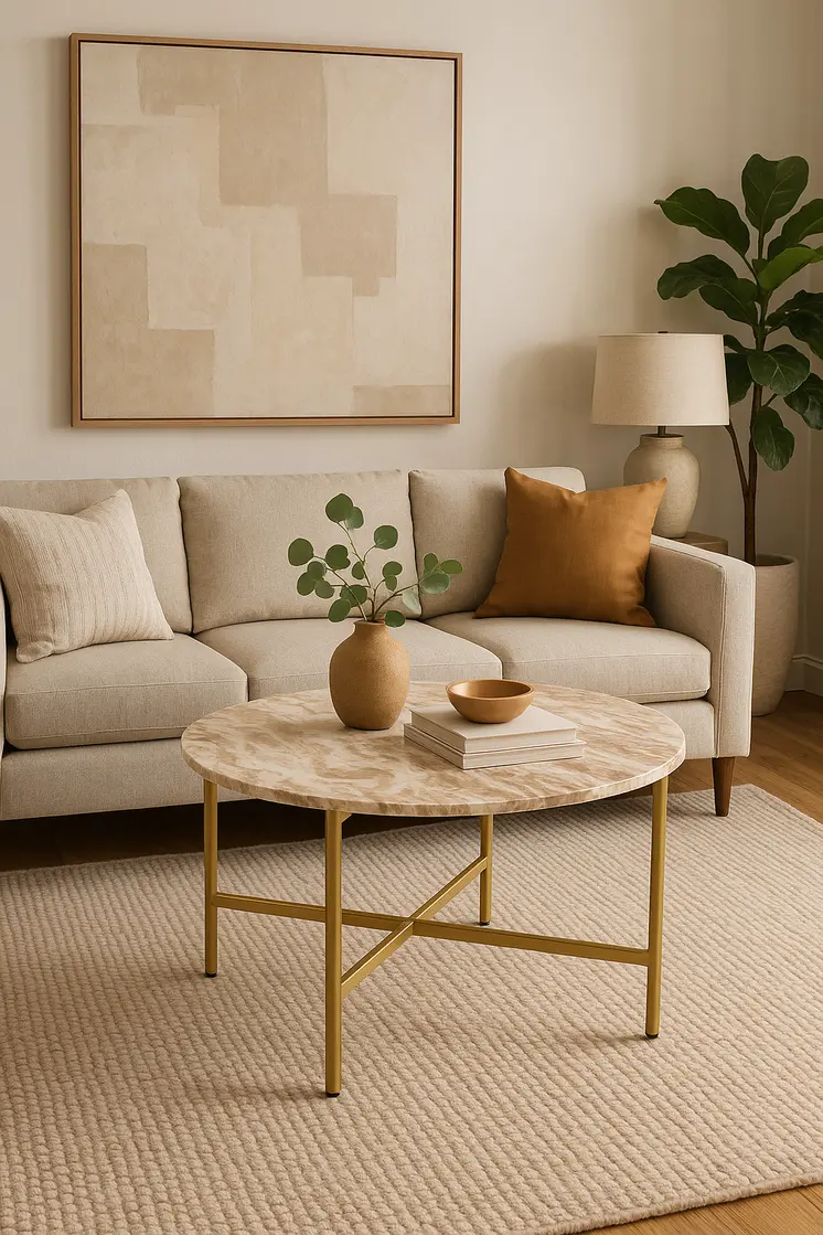 32" Brown and Gold Genuine Marble and Metal Round Coffee Table