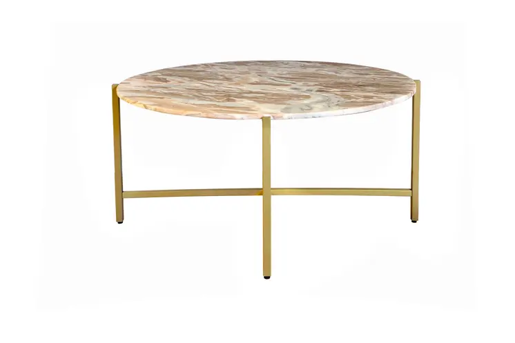 32" Brown and Gold Genuine Marble and Metal Round Coffee Table