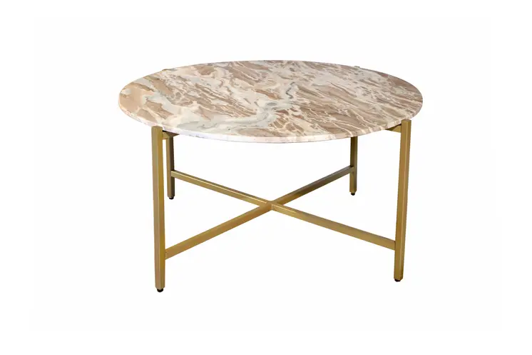 32" Brown and Gold Genuine Marble and Metal Round Coffee Table