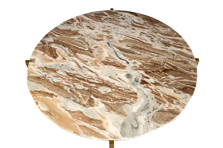 32" Brown and Gold Genuine Marble and Metal Round Coffee Table