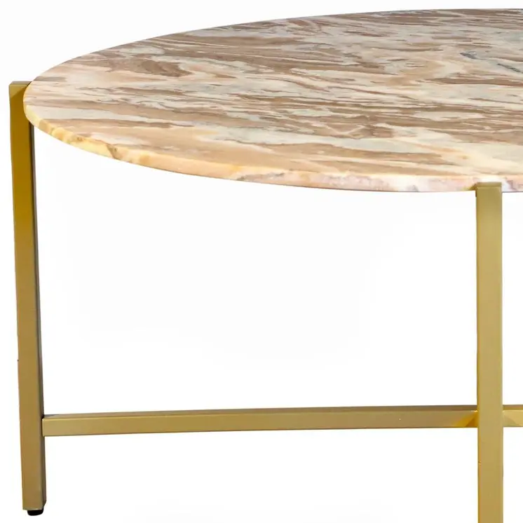32" Brown and Gold Genuine Marble and Metal Round Coffee Table
