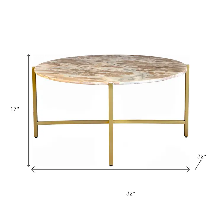 32" Brown and Gold Genuine Marble and Metal Round Coffee Table