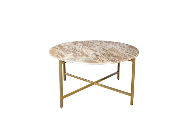 32" Brown and Gold Genuine Marble and Metal Round Coffee Table