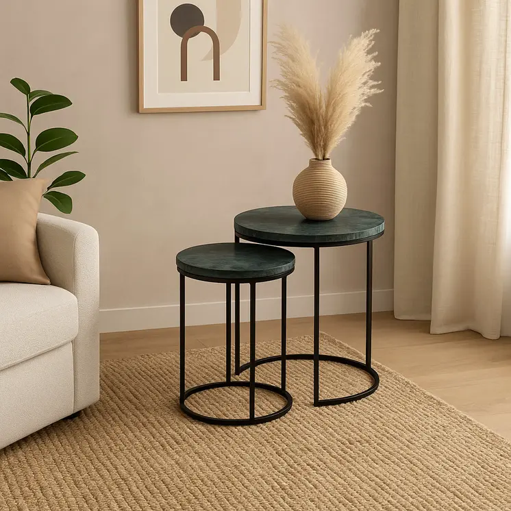 Set of Two Green and Black Marble and Metal Round Nested Tables