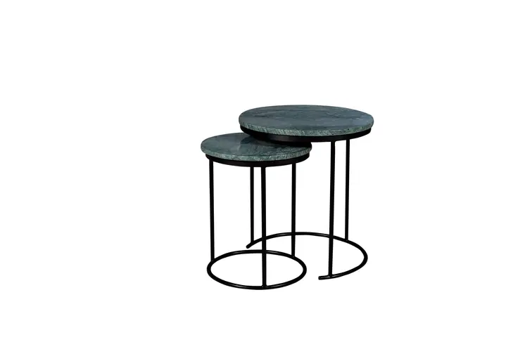 Set of Two Green and Black Marble and Metal Round Nested Tables