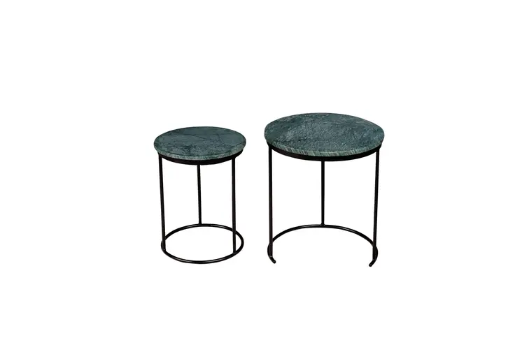 Set of Two Green and Black Marble and Metal Round Nested Tables