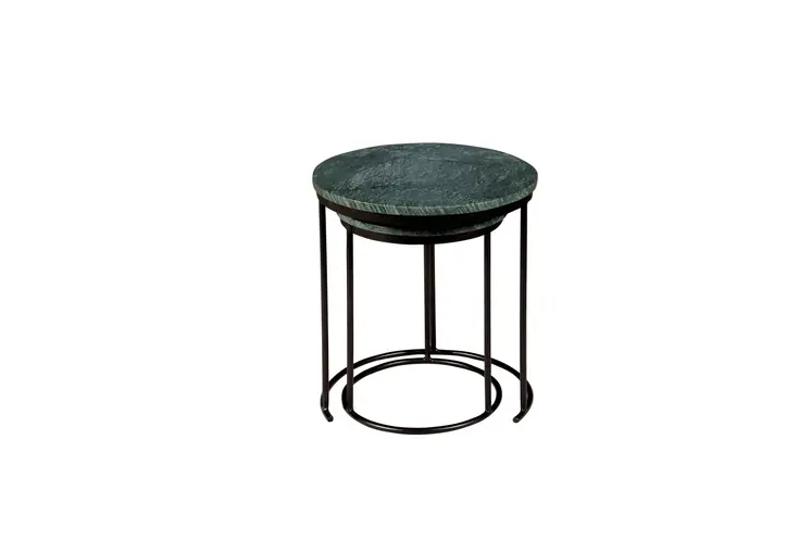 Set of Two Green and Black Marble and Metal Round Nested Tables