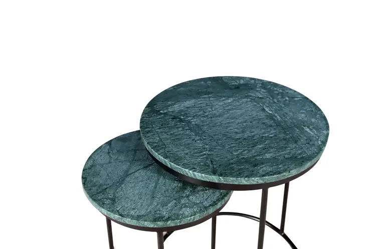 Set of Two Green and Black Marble and Metal Round Nested Tables