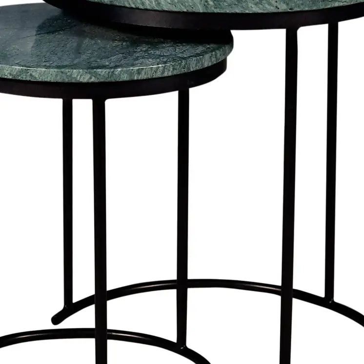 Set of Two Green and Black Marble and Metal Round Nested Tables