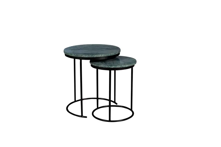 Set of Two Green and Black Marble and Metal Round Nested Tables