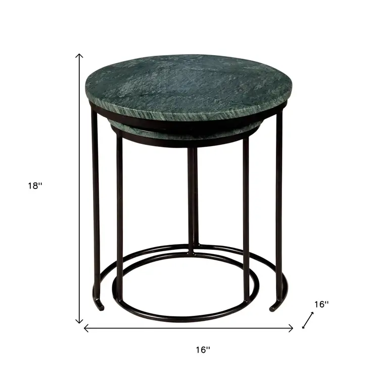 Set of Two Green and Black Marble and Metal Round Nested Tables
