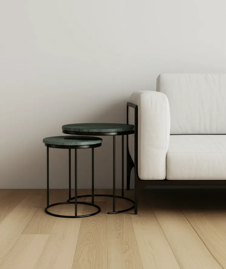 Set of Two Green and Black Marble and Metal Round Nested Tables