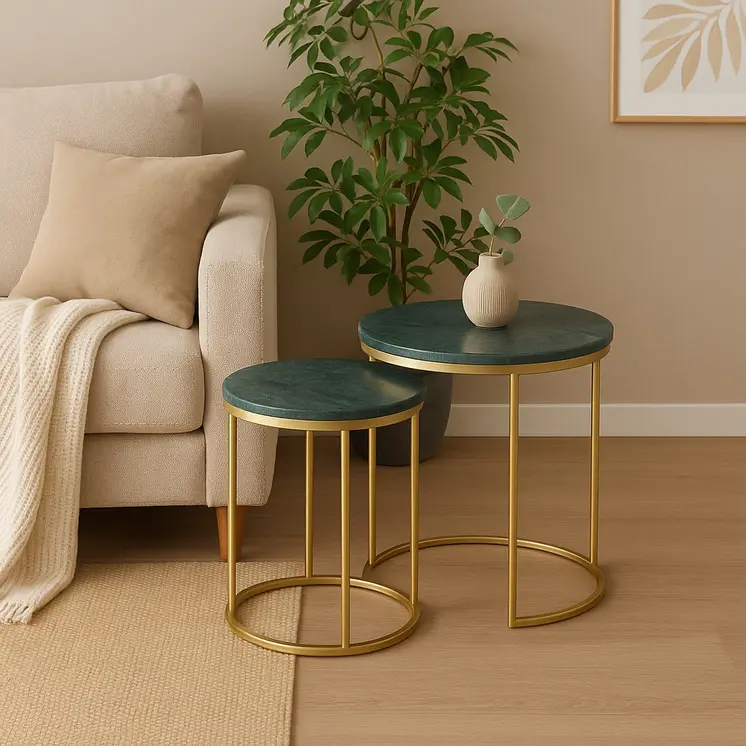 Set of Two Green and Gold Marble and Metal Round Nested Tables