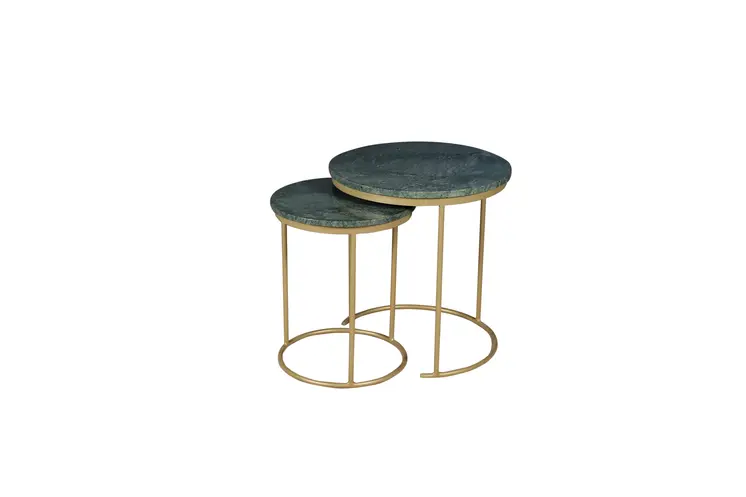 Set of Two Green and Gold Marble and Metal Round Nested Tables