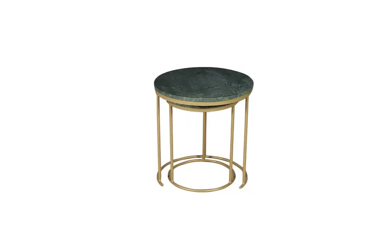 Set of Two Green and Gold Marble and Metal Round Nested Tables
