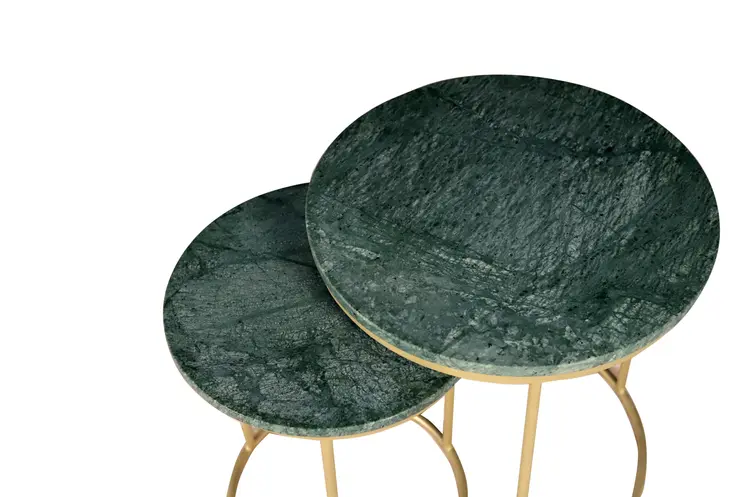 Set of Two Green and Gold Marble and Metal Round Nested Tables