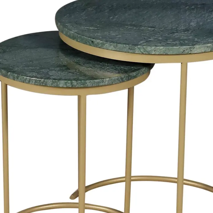 Set of Two Green and Gold Marble and Metal Round Nested Tables