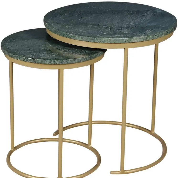 Set of Two Green and Gold Marble and Metal Round Nested Tables