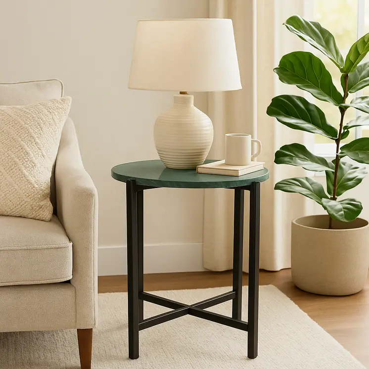 21" Green and Black Marble and Metal Round End Table