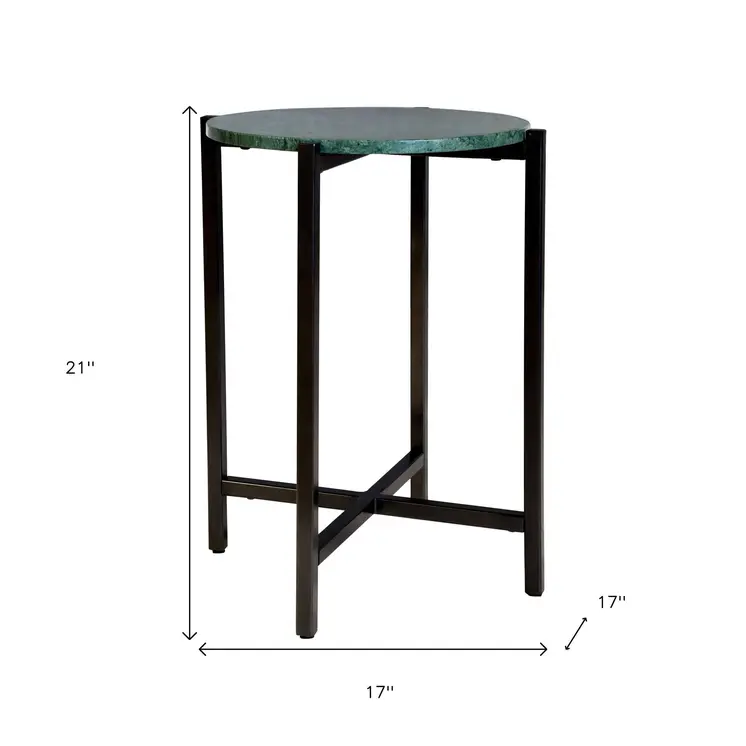 21" Green and Black Marble and Metal Round End Table