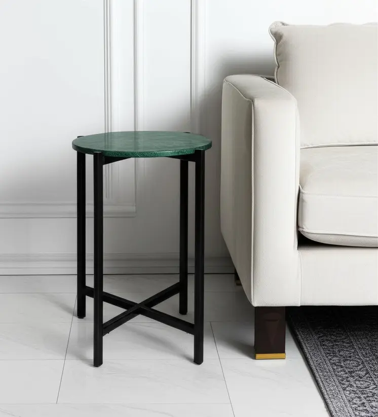 21" Green and Black Marble and Metal Round End Table