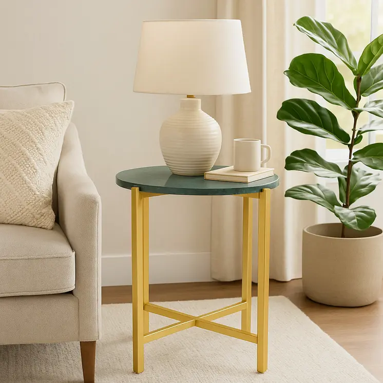 21" Green and Gold Marble and Metal Round End Table