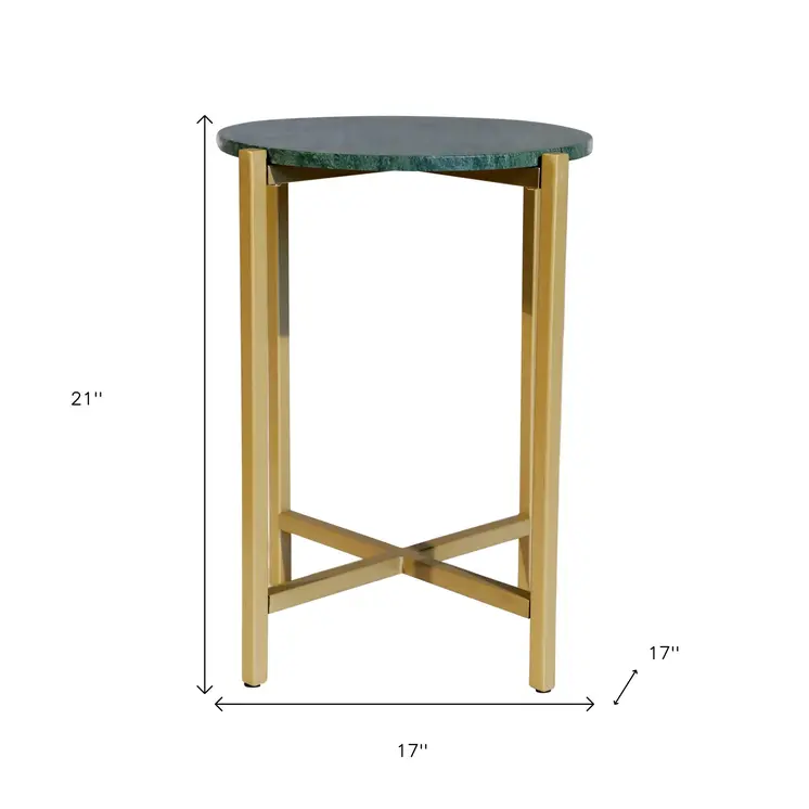 21" Green and Gold Marble and Metal Round End Table