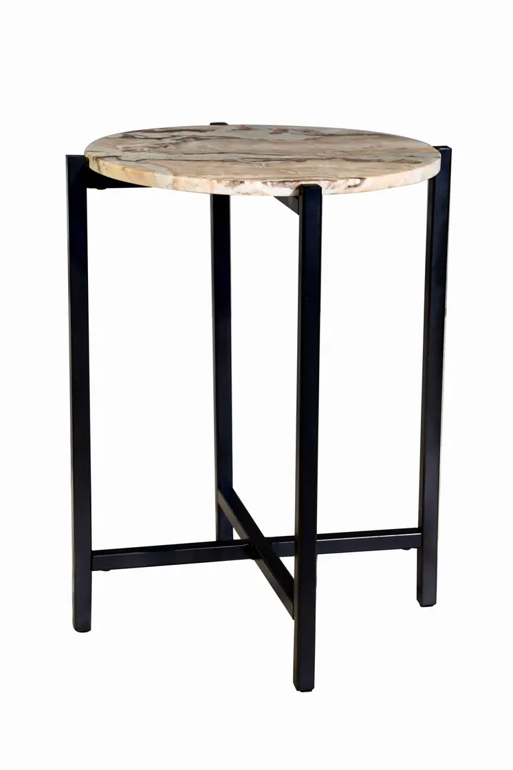 21" Brown Tan and Black Marble and Metal Round End Table
