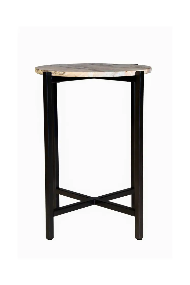 21" Brown Tan and Black Marble and Metal Round End Table