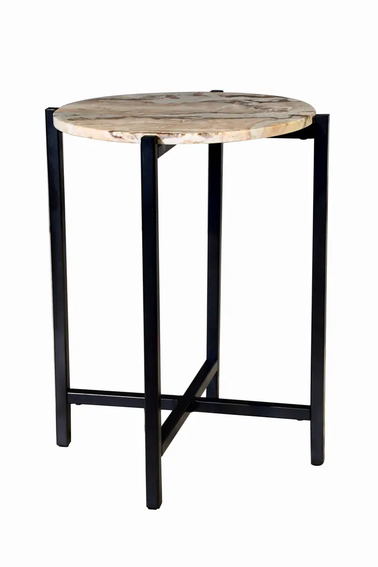 21" Brown Tan and Black Marble and Metal Round End Table