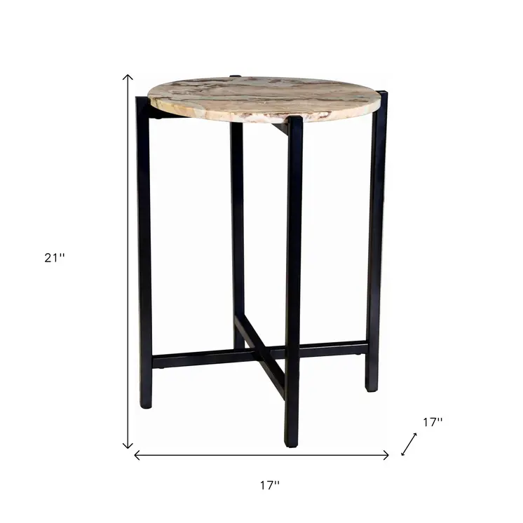 21" Brown Tan and Black Marble and Metal Round End Table