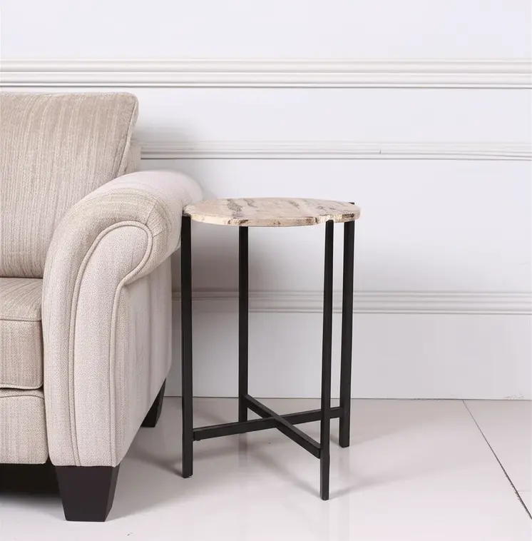 21" Brown Tan and Black Marble and Metal Round End Table