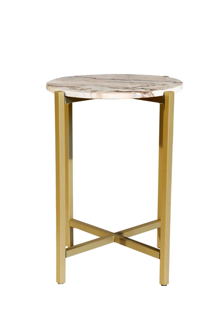 21" Brown Tan and Gold Marble and Metal Round End Table