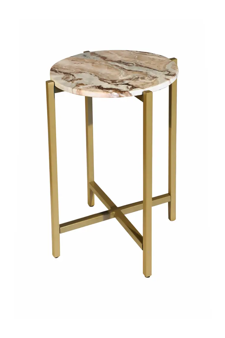 21" Brown Tan and Gold Marble and Metal Round End Table