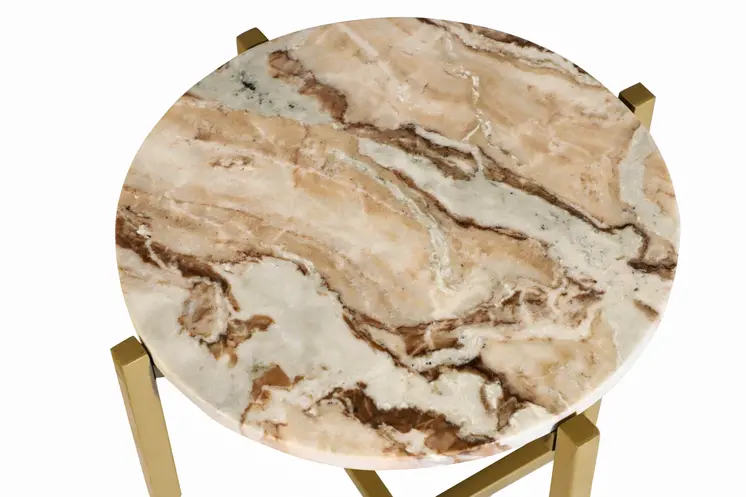 21" Brown Tan and Gold Marble and Metal Round End Table