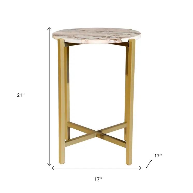 21" Brown Tan and Gold Marble and Metal Round End Table