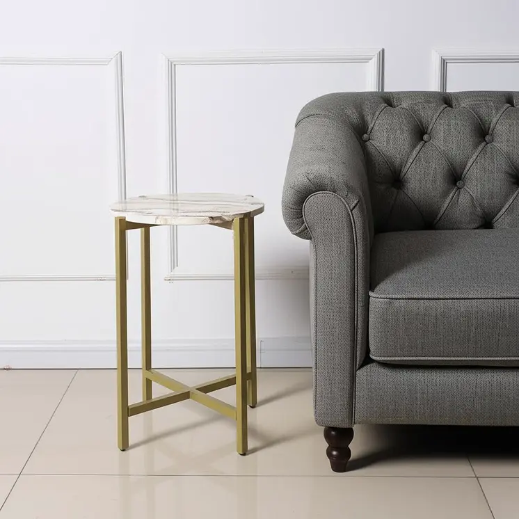 21" Brown Tan and Gold Marble and Metal Round End Table