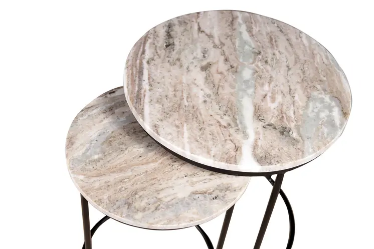 Set of Two Brown Gray and Black Marble and Metal Round Nested Tables