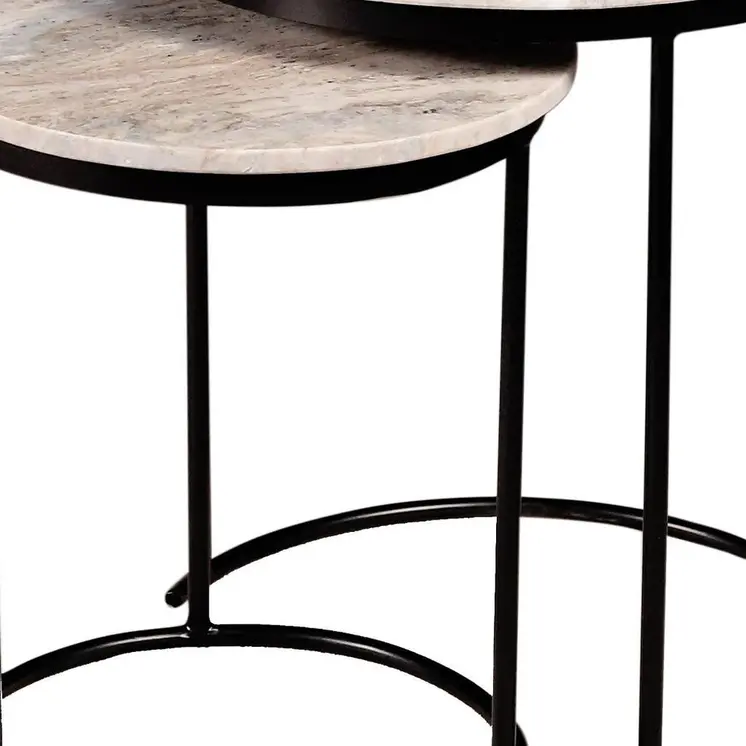 Set of Two Brown Gray and Black Marble and Metal Round Nested Tables