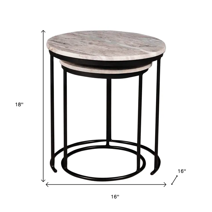 Set of Two Brown Gray and Black Marble and Metal Round Nested Tables