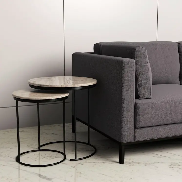 Set of Two Brown Gray and Black Marble and Metal Round Nested Tables
