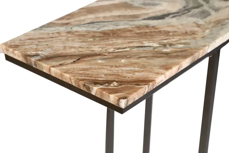 24" Brown Tan and Black Marble and Metal End Table