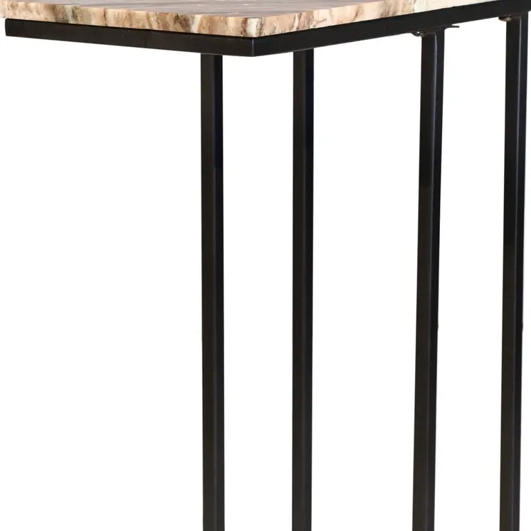 24" Brown Tan and Black Marble and Metal End Table