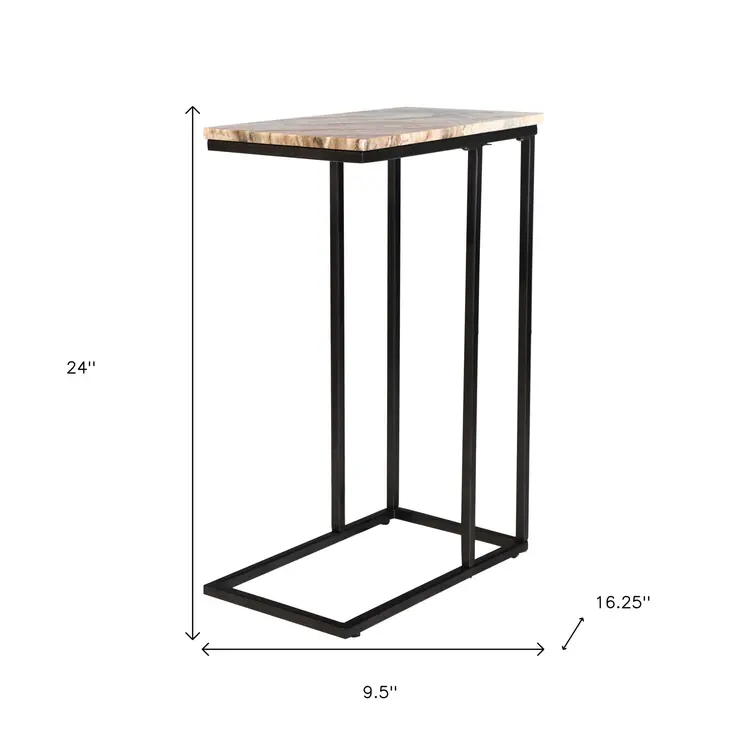 24" Brown Tan and Black Marble and Metal End Table