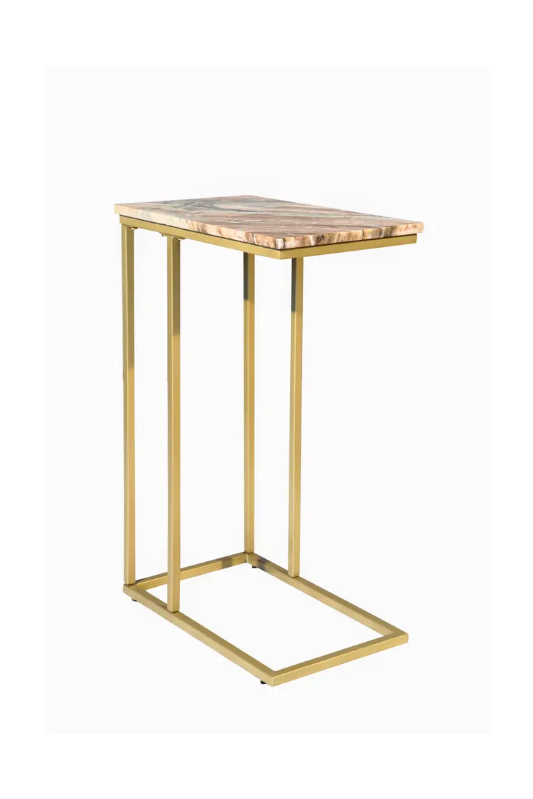 24" Brown Tan and Gold Marble and Metal End Table