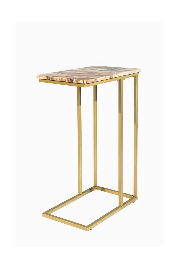 24" Brown Tan and Gold Marble and Metal End Table