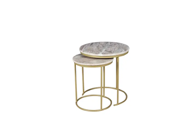Set of Two Brown Gray and Gold Marble and Metal Round Nested Tables