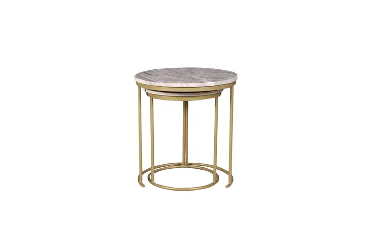 Set of Two Brown Gray and Gold Marble and Metal Round Nested Tables