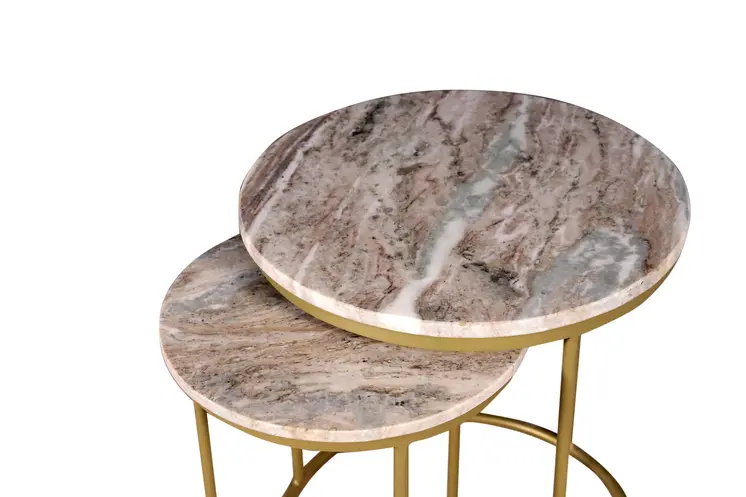 Set of Two Brown Gray and Gold Marble and Metal Round Nested Tables