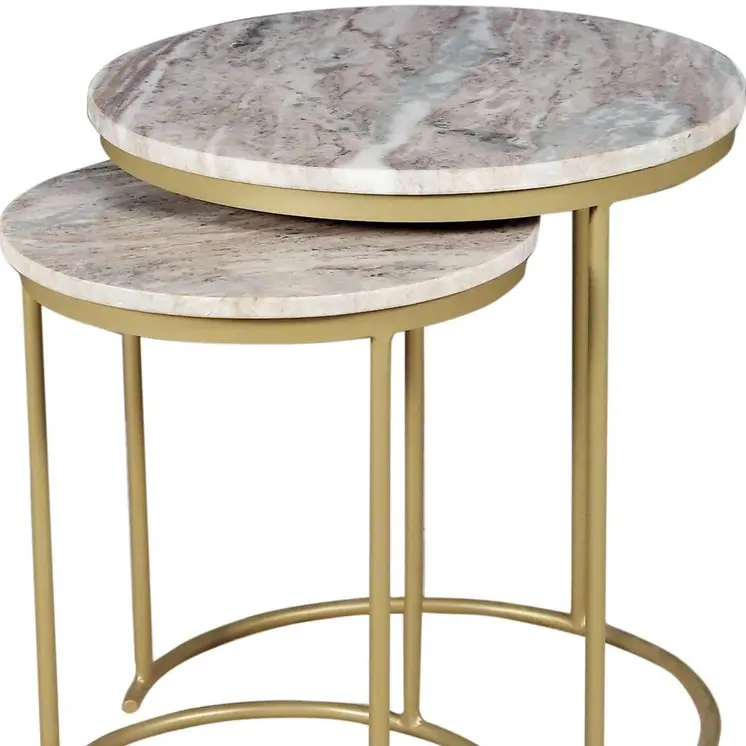 Set of Two Brown Gray and Gold Marble and Metal Round Nested Tables